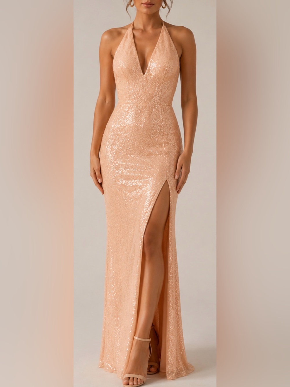 Elegant Blush Sequin Dress. Side Slit Corset Back S/M
